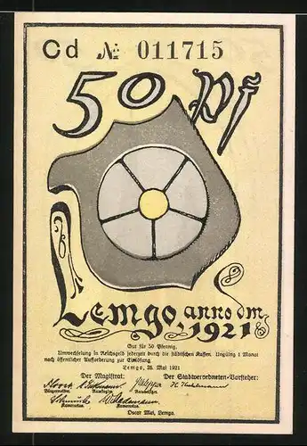 Notgeld Lemgo 1921, 50 Pfennig, Kirchtürme, Stadtwappen