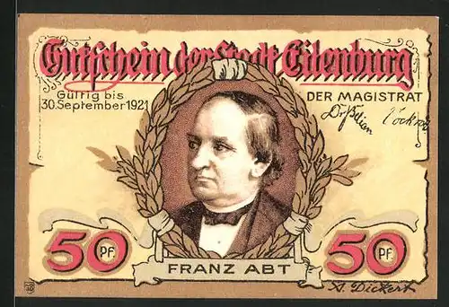 Notgeld Eilenburg 1921, 50 Pfennig, Porträt Franz Abt, Geburtshaus Franz Abt