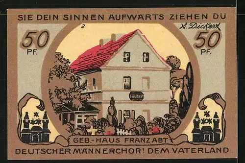 Notgeld Eilenburg 1921, 50 Pfennig, Porträt Franz Abt, Geburtshaus Franz Abt