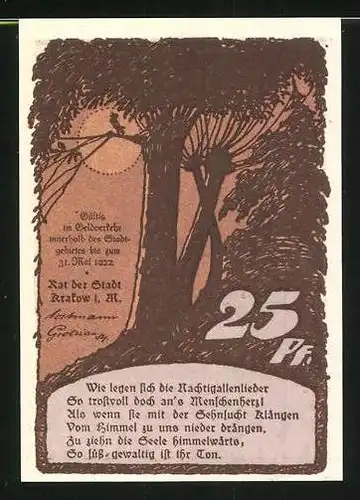 Notgeld Krakow 1922, 25 Pfennig, Küfer bauen ein Fass, rückseitig Waldrand bei Dämmerung