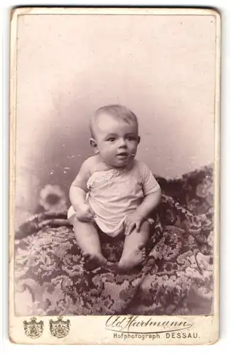 Fotografie Ad. Hartmann, Dessau, Portrait Säugling in Leibchen