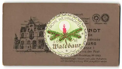 Fotografie Otto Wendt, Quedlinburg, Ansicht Quedlinburg, Partie am Geschäftshaus, Waldbaur-Weihnachts-Aufkleber
