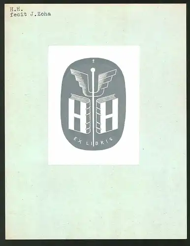 Exlibris von J. Zoha für Hubert Hakl, Bücher mit Initialien und Hermesstab