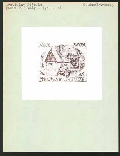 Exlibris von F.P. Maly für Bretislav Peterka, Bäuerin mit Hund vor Bauernhaus stehend