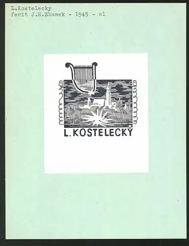 Exlibris von J.R. Zbanek für L. Kostelecky, Silhouette einer Stadtansicht