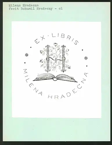 Exlibris von Bohumil Hradecny für Milena Hradecna, Rosen und offenes Buch