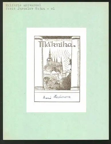 Exlibris von Jaroslav Vojna für Marie Herberova, Ortsansicht mit Dom - Kathedrale