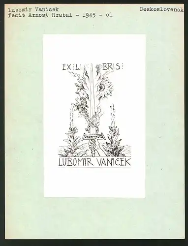 Exlibris von Arnost Hrabal für Lubomir Vanicek, Schwert und Pflanzenverzierung
