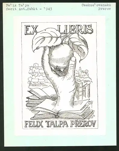 Exlibris von Ant. Kubat für Felix Talpa, Hand aus Buch kommend hält einen Apfel empor