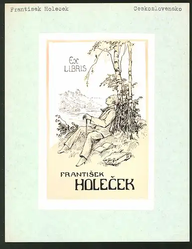 Exlibris Frantisek Holecek, Wanderer macht Rast im Schatten der Birken