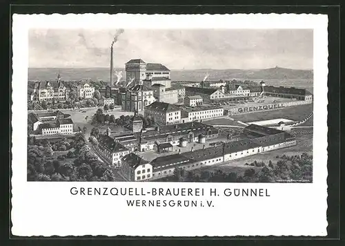 AK Wernesgrün i. V., Grenzquell-Brauerei H. Günnel aus der Vogelschau