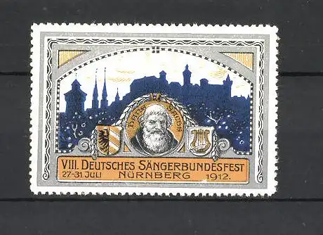Reklamemarke Nürnberg, VIII. Deutsches Sängerbundfest 1912, Ortsansicht, Portrait und Wappen