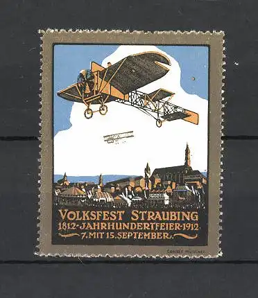 Reklamemarke Volksfest Straubing 1912, Jahrhundertfeier, Segelflugzeuge