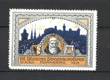 Reklamemarke Nürnberg, VIII. Deutsches Sängerbundfest 1912, Ortsansicht, Portrait und Wappen