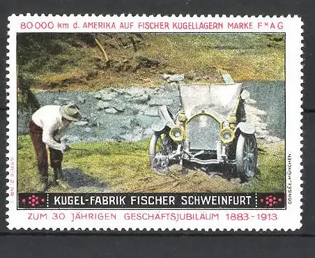 Reklamemarke Kugel-Fabrik Fischer, Schweinfurt, Auto am Flussufer