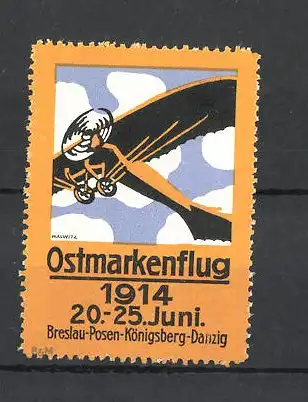Künstler-Reklamemarke Mallwitz, Ostmarkenflug 1914, Propellerflugzeug
