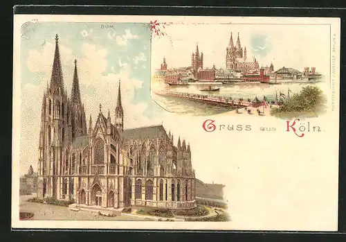 Lithographie Köln, Ansicht vom Dom, Panoramablick über den Rhein