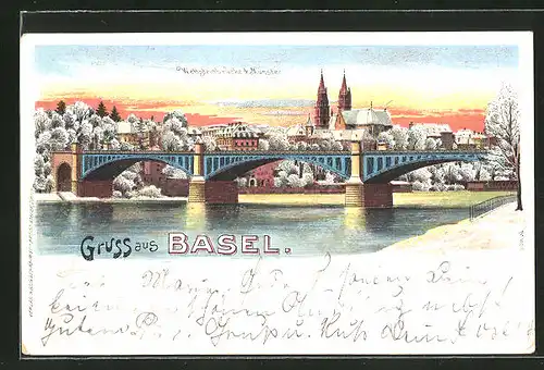 Winter-Lithographie Basel, Wettsteinbrücke & Münster