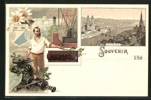 Künstler-AK Zürich, Stadt-Panorama, Schmied, Reklame für Cacao Suchard