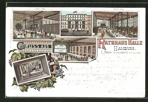 Lithographie Hamburg, Gasthaus zur Rathaus Halle, Hauptsaal, Oberer Saal, Glashalle, Aufgang zum oberen Saal