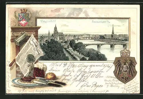 Präge-Passepartout-Lithographie Frankfurt, Totalansicht aus der Vogelschau, gedeckter Mittagstisch und Wappen