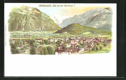 Lithographie Interlaken, Panoramablick auf die Stadt, Suchbild "Wo ist der Berliner?"