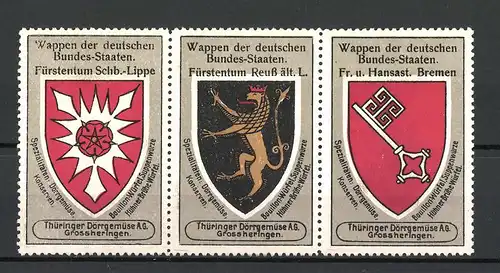 Reklamemarke Wappen Fürstentum Schb.-Lippe, Fürstentum Reuss ält. Linie und Fr. u. Hansast. Bremen