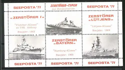 Reklamemarke Seeposta 1971, Kriegsschiffe der Bundesmarine, "Zerstörer 1", Zerstörer "Bayern" und Zerstörer "Lütjens"