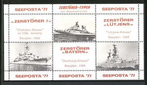 Reklamemarke Seeposta 1971, Kriegsschiffe der Bundesmarine, "Zerstörer 1", Zerstörer "Bayern" und Zerstörer "Lütjens"