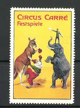 Reklamemarke Circus Carré Festspiele, Känguruh, Elefant und Clown