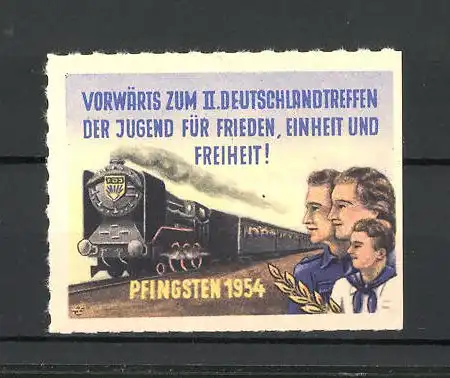 Reklamemarke Pfingsten 1954, II. Deutschlandtreffen d. Jugend für Frieden, Einheit und Freiheit", Pioniere vor Eisenbahn