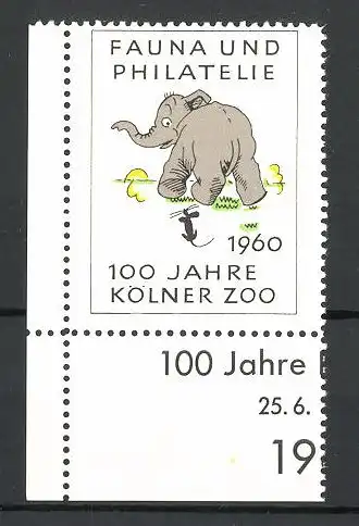 Reklamemarke 100 Jahre Kölner Zoo 1960, Fauna und Philatelie, Elefant mit Maus