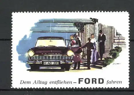 Künstler-Reklamemarke Automarke Ford, dem Alltag entfliehend fahren, Herrschaften steigen in Auto ein