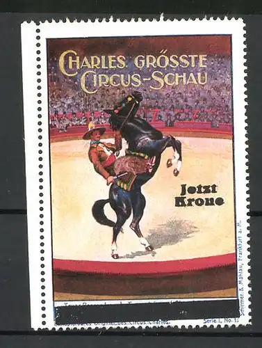 Reklamemarke Circus Charles, grösste Circus Schau, Cowbow reitet Pferd