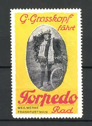 Reklamemarke "Torpedo" Weilwerke Frankfurt / Main, G. Grosskopf fährt Rad