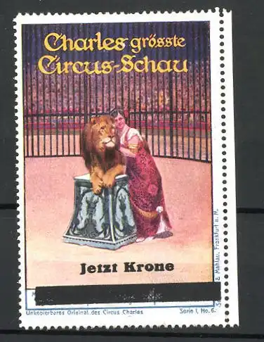 Reklamemarke Circus Charles, grösste Circus-Schau, Akrobatin mit Löwen