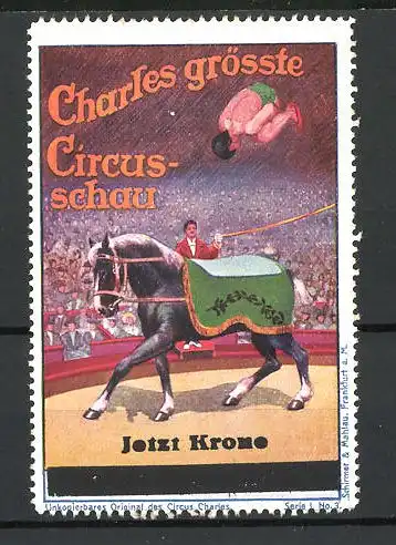 Reklamemarke Circus Charles, grösste Circus-Schau, Akrobat macht Salto auf Pferderücken