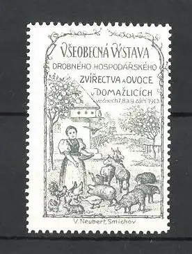 Reklamemarke Vseobecna Vystava 1913, Drobneho Hospodarskeho, Bäuerin füttert Tiere