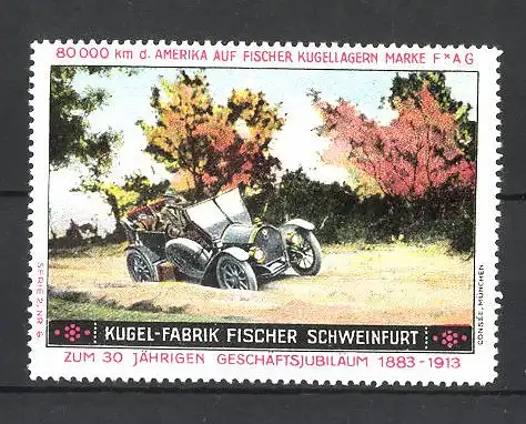 Reklamemarke Kugelfabrik Fischer Schweinfurt, Auto am Feldrand