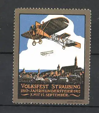 Reklamemarke Volksfest Straubing 1912, Jahrhundertfeier 1812-1912, Flugzeuge über dem Ort