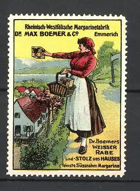 Reklamemarke Dr. Max Boehmer & Co, Margarine "Weisser Rabe", Frau am Ortsrand