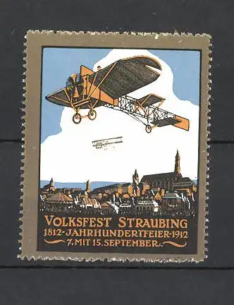 Reklamemarke Volksfest Straubing 1912, Jahrhundertfeier, Flugzeuge über der Stadt