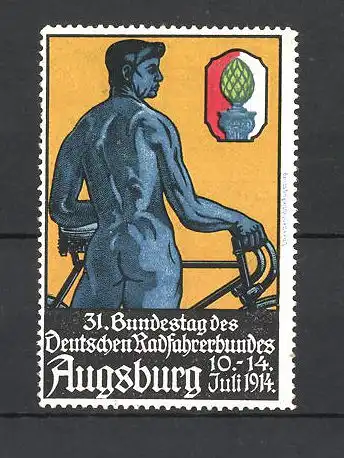 Reklamemarke Augsburg, 31. Bundestag des deutschen Radfahrerbundes 1914, nackter Mann mit Fahrrad