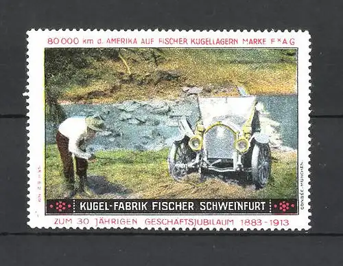 Reklamemarke Kugel-Fabrik Fischer Schweinfurt, Auto am Flussufer