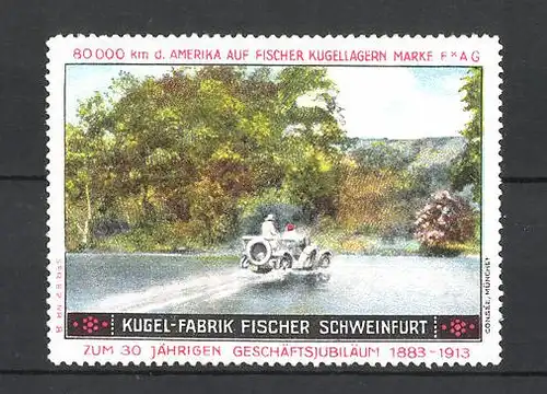 Reklamemarke Kugel-Fabrik Fischer Schweinfurt, Auto durchfährt den Fluss