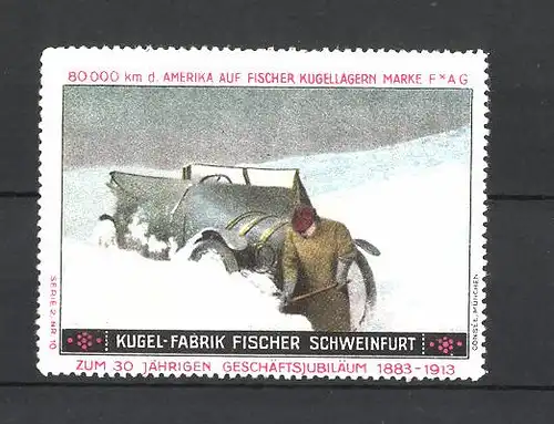 Reklamemarke Kugelfabrik Fischer Schweinfurt, Automobil im Schnee