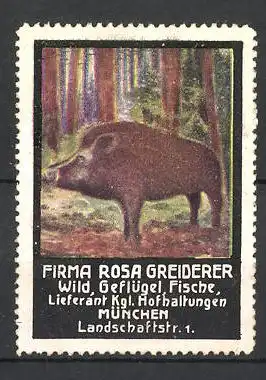 Reklamemarke Firma Rosa Greiderer, Lieferant für Wild, Geflügel und Fische in München, Wildschwein im Wald