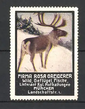 Reklamemarke Firma Rosa Greiderer, Lieferant für Wild, Geflügel und Fische in München, Elch im Schnee