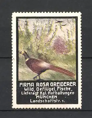 Reklamemarke Firma Rosa Greiderer, Lieferant für Wild, Geflügel und Fische in München, Vogel im Wald