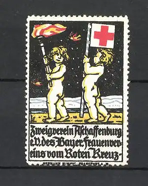 Reklamemarke Rotes Kreuz, Zweigverein Aschaffenburg e. V. des Bayr. Frauenvereins, nackte Kinder mit Fackel & Flagge